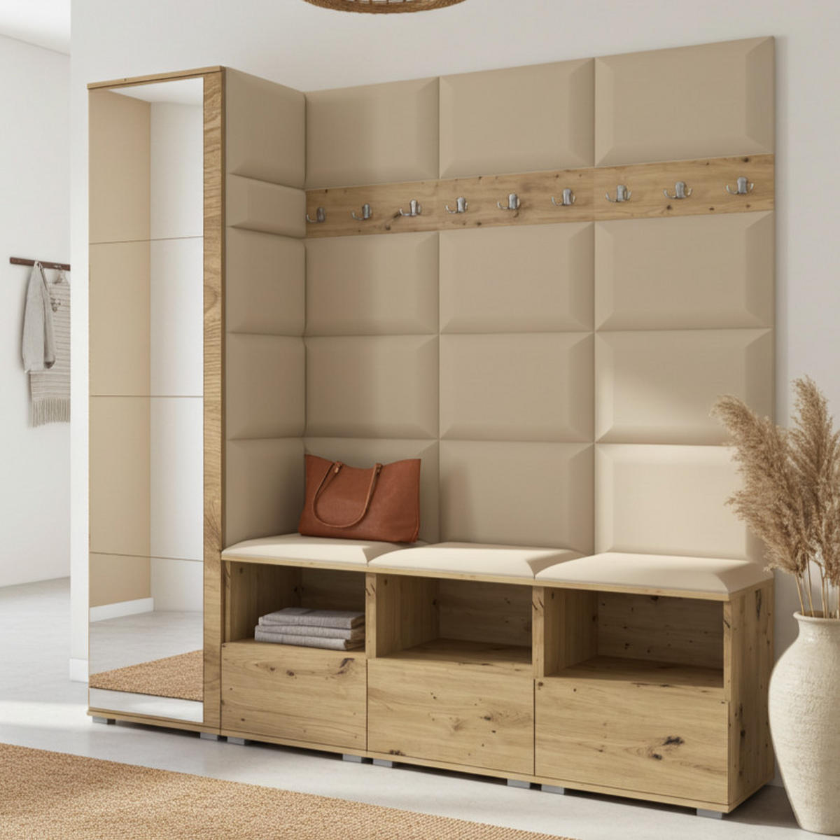 GARDEROBE NELA IX 200 cm (Modulare Flurmöbel Artisan Eiche mit Spiegel & Sitzpolster Beige 04 Breite Sitzbank) - Beige/Silberfarben, Holz/Holzwerkstoff (200/187/40cm) - Ravio