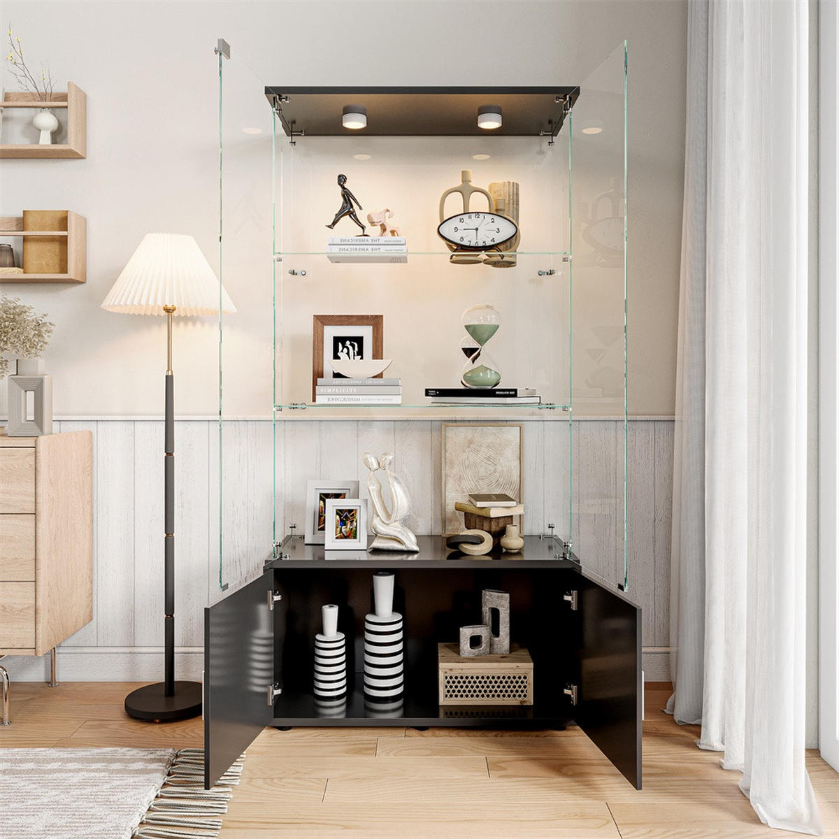 VITRINE - Glasvitrine mit Cabinet-Unterbau - 4 Türen und 3 Ebenen - integrierte LED-Spot-Beleuchtung - Schwarz - Schwarz, Glas (78.51/164/35cm) - DELFA