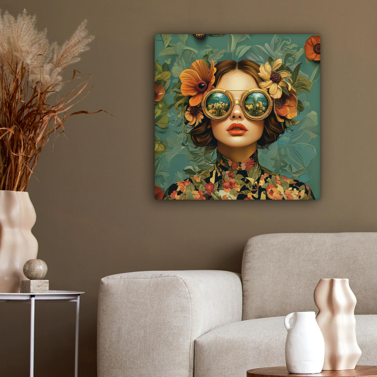 LEINWANDBILD Frau - Blumen - Schmetterlinge - Natur - Vintage Wandbild Wohnzimmer 50x50 cm - Salbeigrün, Textil (50/50cm) - MuchoWow