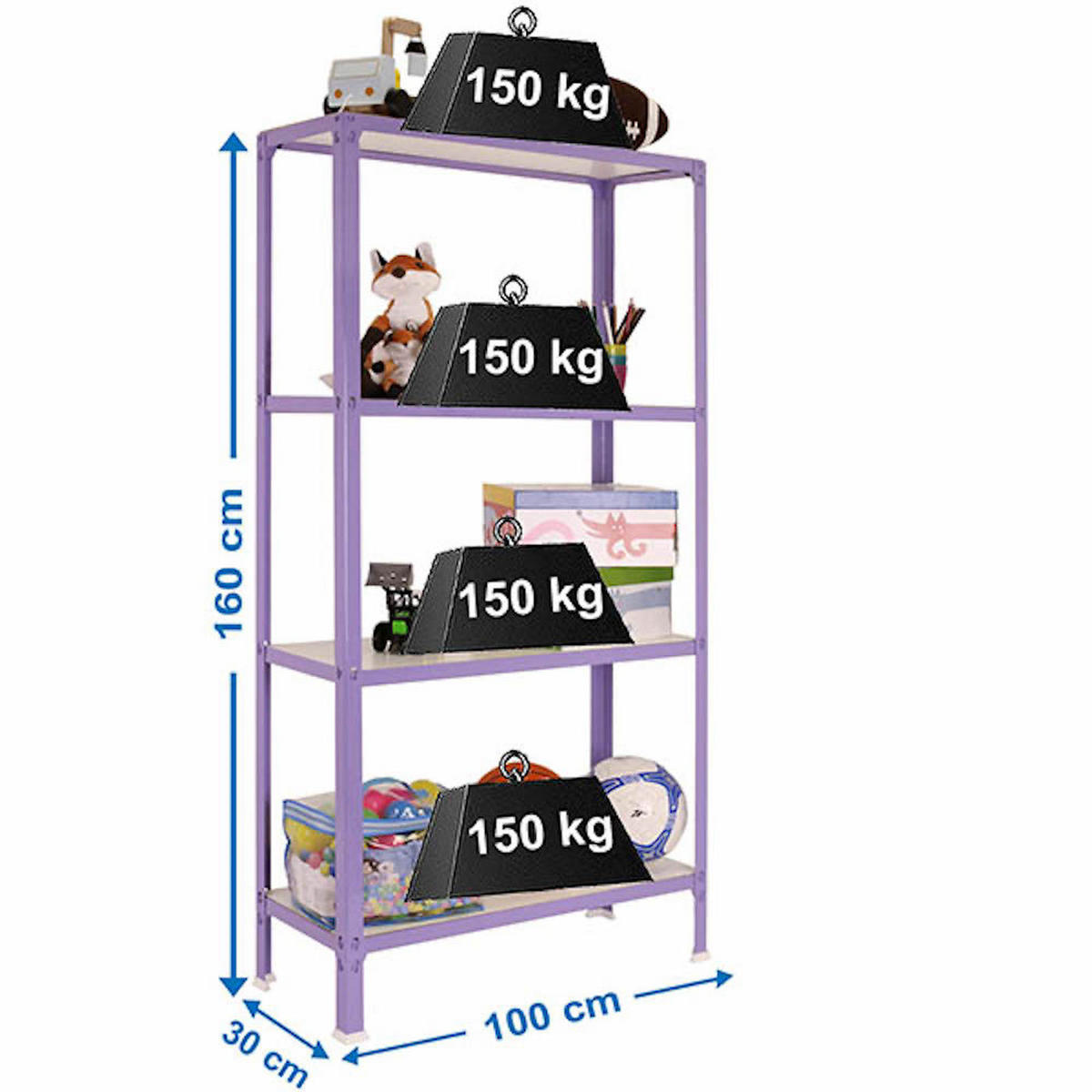 WOHNREGAL LIVING KOALA WOOD mit 4 Fachböden | HxBxT 160x100x30cm | Fachlast 150kg | Lila/Weiß - Lila, Metall (100/160/30cm) - PROREGAL