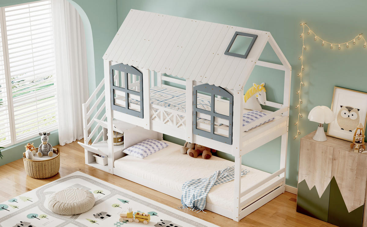 ETAGENBETT 90x200 cm Haus Treppe grau - Weiß, Holz (90/200cm) - LEBENLANG