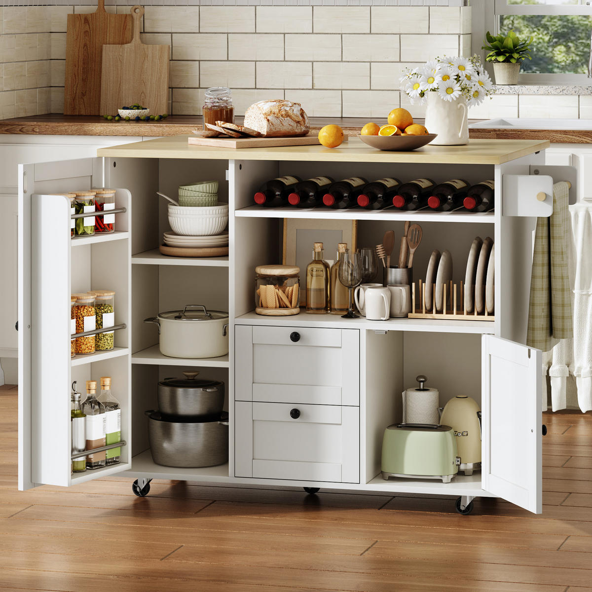 KÜCHENINSEL 89 cm MDF Natur Weiß mit Klappbarer Arbeitsplatte und Weinregal - Weiß, Holzwerkstoff (69/89/104cm) - Korfee