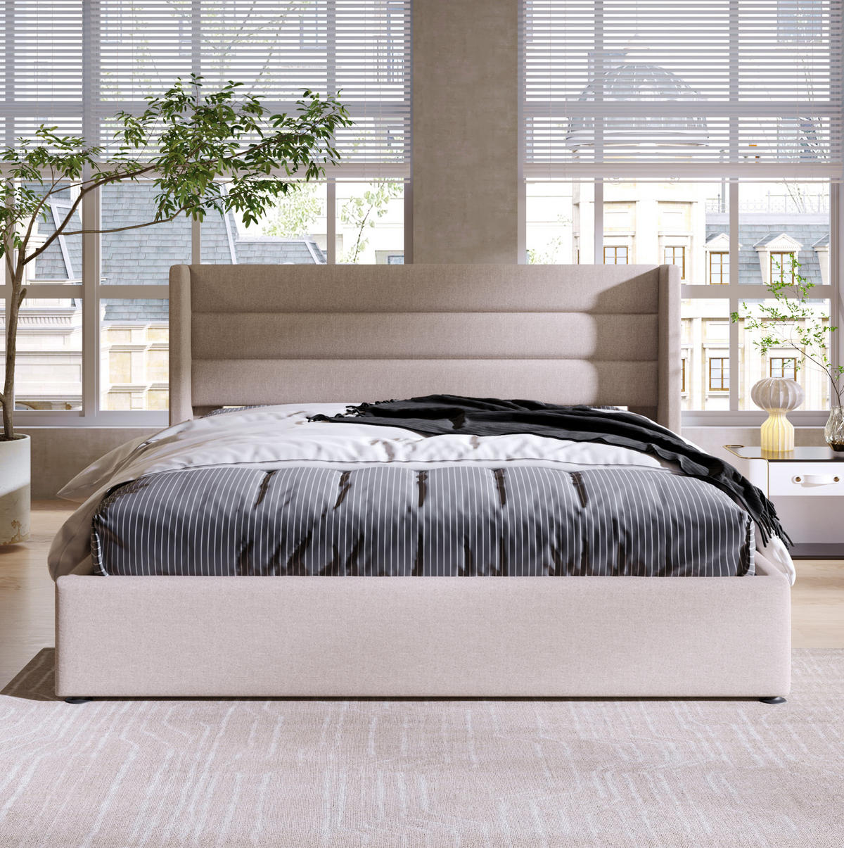 POLSTERBETT 160/200 cm mit hydraulischem Bettkasten, gepolstertes Kopfteil, Beige - Beige, Textil (160/200cm) - Redom