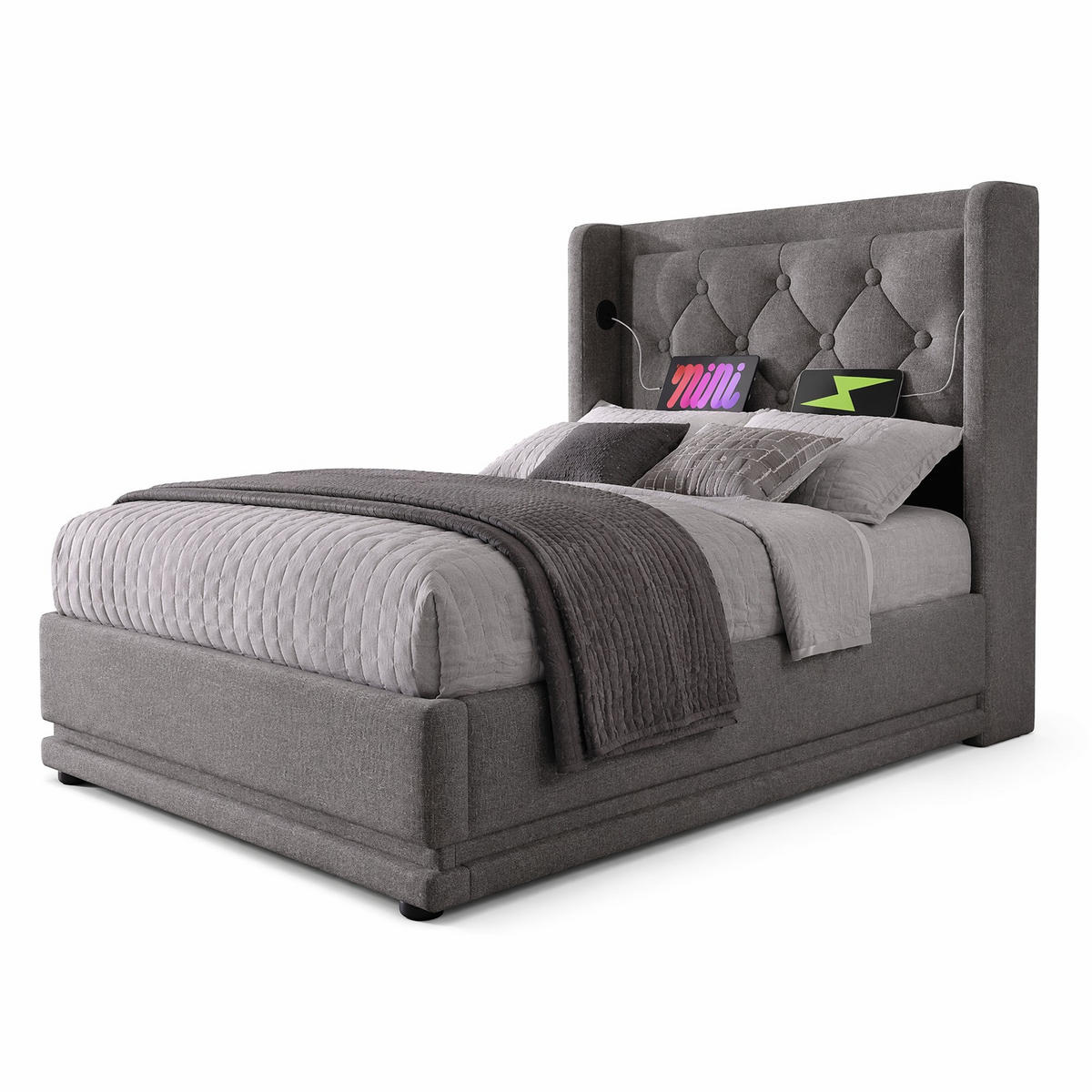 POLSTERBETT 90/200 cm in Grau Stoff mit Bettkasten, LED, USB und Type-C - Grau, Holzwerkstoff/Textil (90/200cm) - CHICFURN