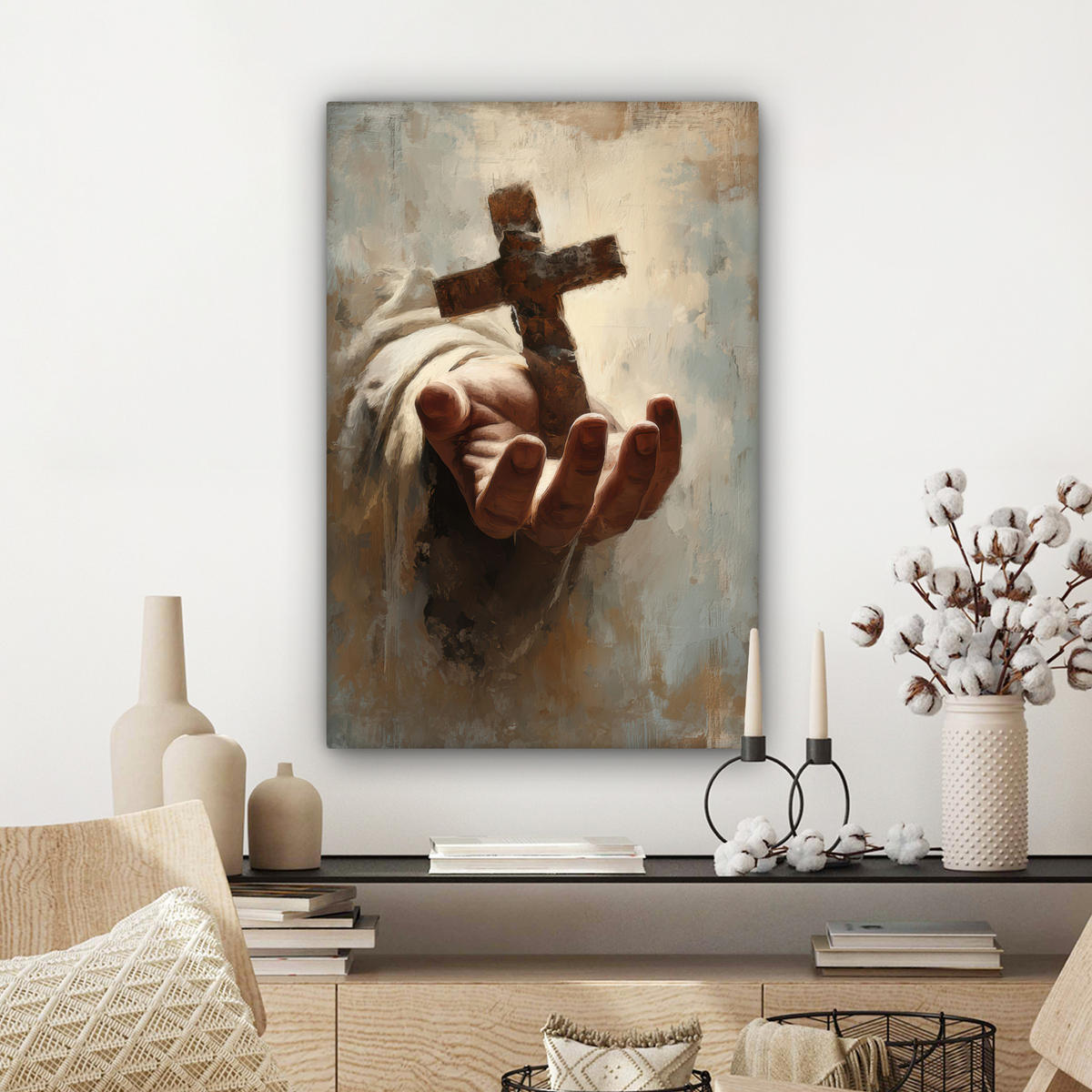 LEINWANDBILD Abstrakt - Kreuz - Hand - Christentum Wanddeko Schlafzimmer 60x90 cm - Hellbraun, Textil (60/90cm) - MuchoWow