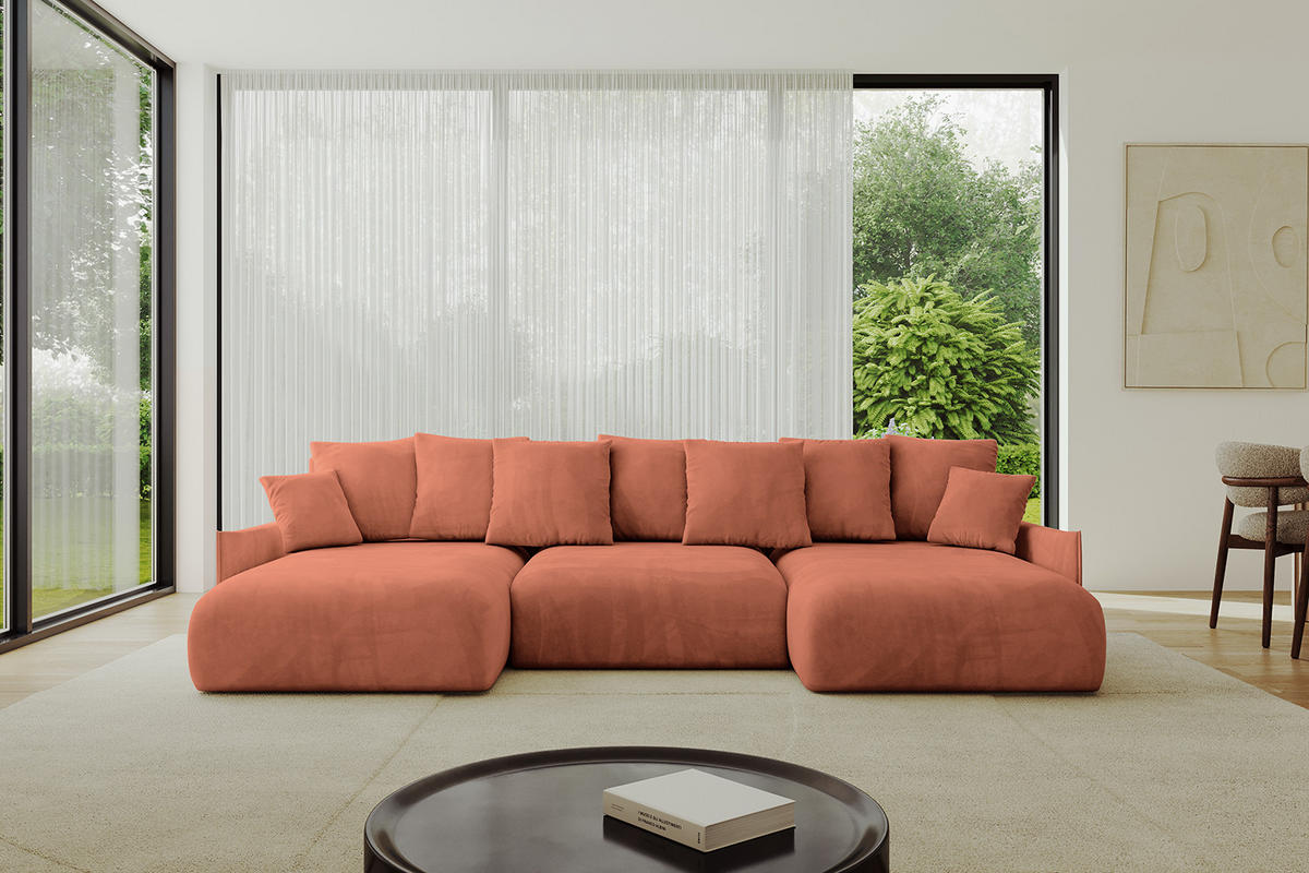 WOHNLANDSCHAFT mit Schlaffunktion und Bettkasten ONESK-U-v1 304x165x40 Apricot Velours - Koralle, Holzwerkstoff/Kunststoff (304/90/165cm) - ALTDECOR