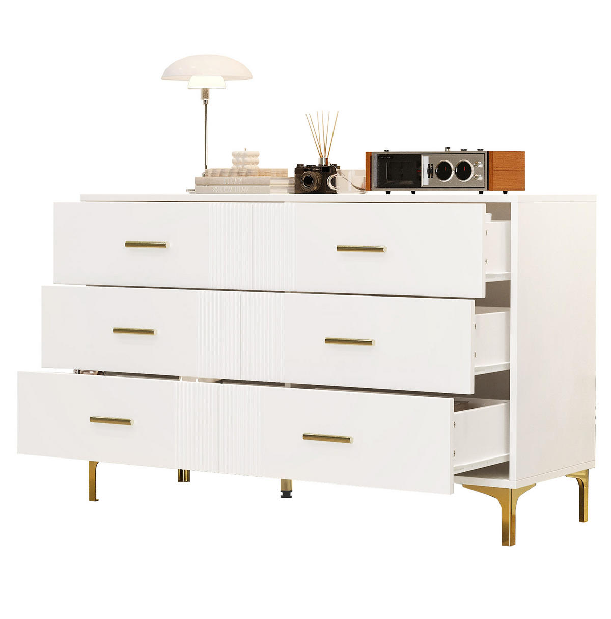 KOMMODE 120/40/76 cm mit 6 Schubladen und goldfarbenen Metallgriffen - Weiß, Holzwerkstoff (120/76/40cm) - BEAOK