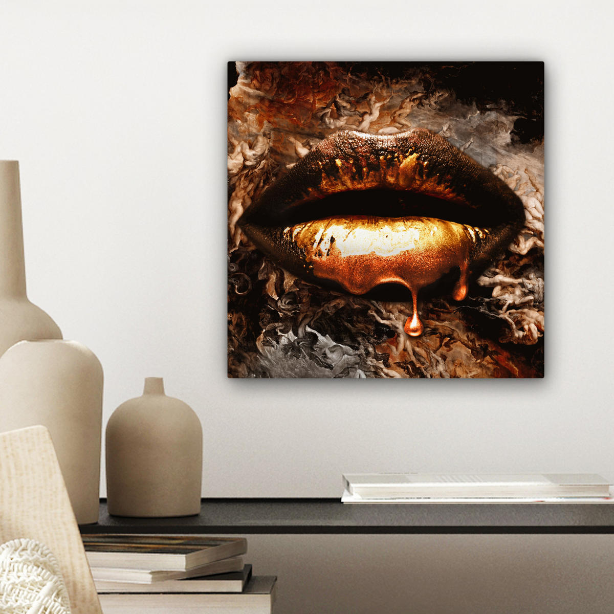 LEINWANDBILD Gold - Lippen - Kunst - Gold - Luxus - Abstrakt 20x20 cm - Kupferfarben, Textil (20/20cm) - MuchoWow