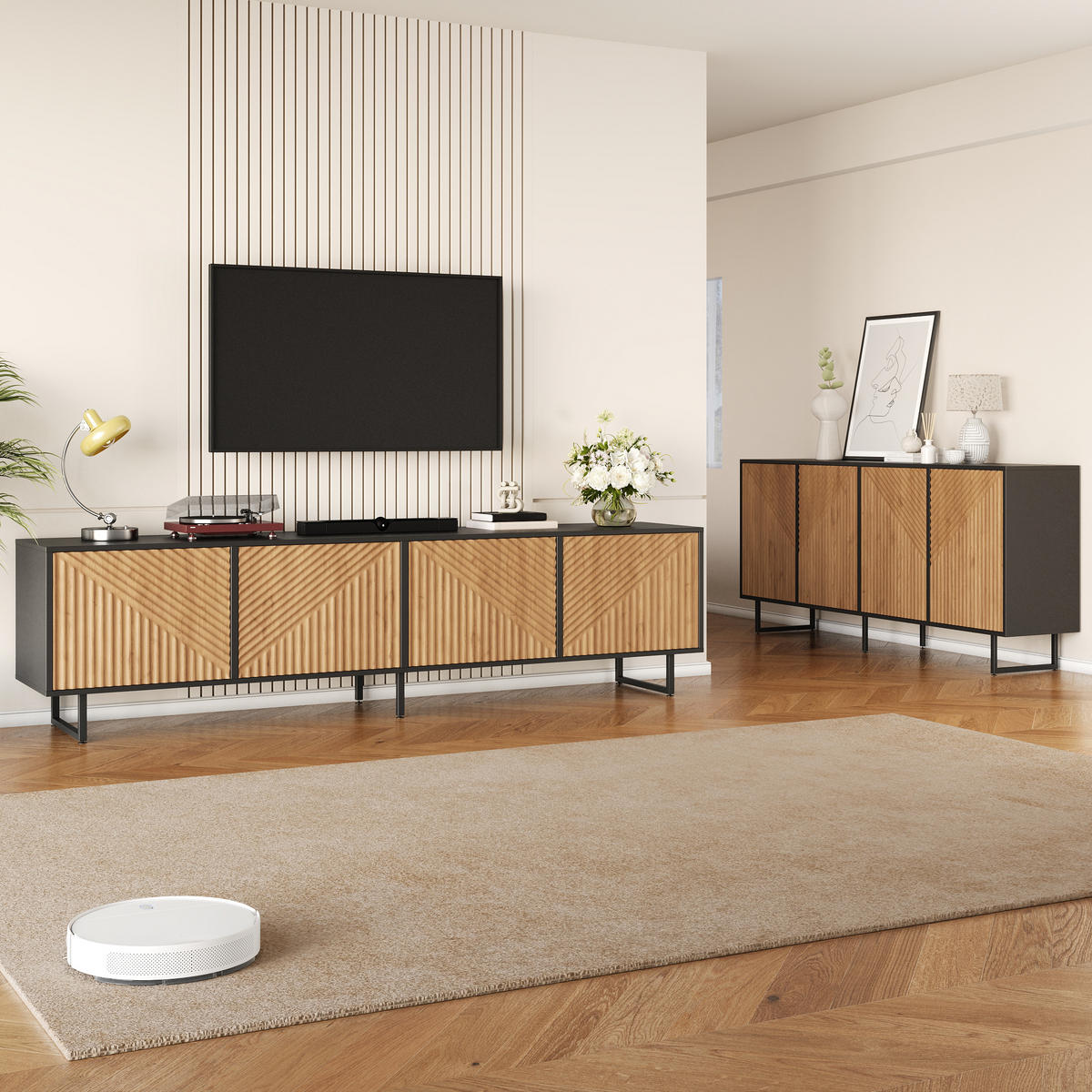 OBÝVACÍ STĚNA Dřevo Černá TV Komoda Sideboard 180 cm - přírodní, kompozitní dřevo (180/40/40cm) - FLIEKS