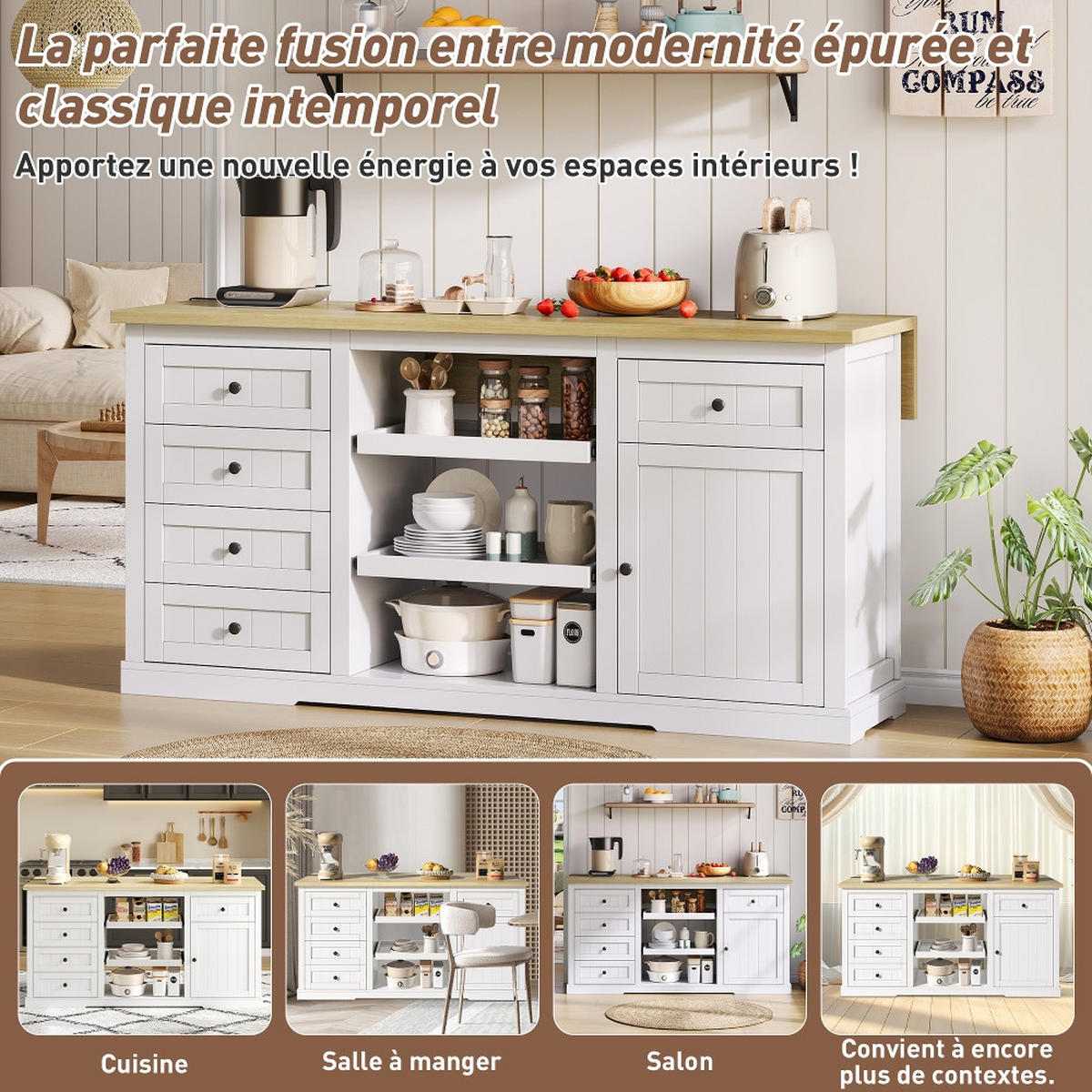 SIDEBOARD KÜCHENINSEL MIT STECKDOSEN, 5 Schubladen, Klappbar, Weiß, 150/65/75,5 cm - Eichefarben, Holzwerkstoff (65/75.5/150cm) - Rolipo