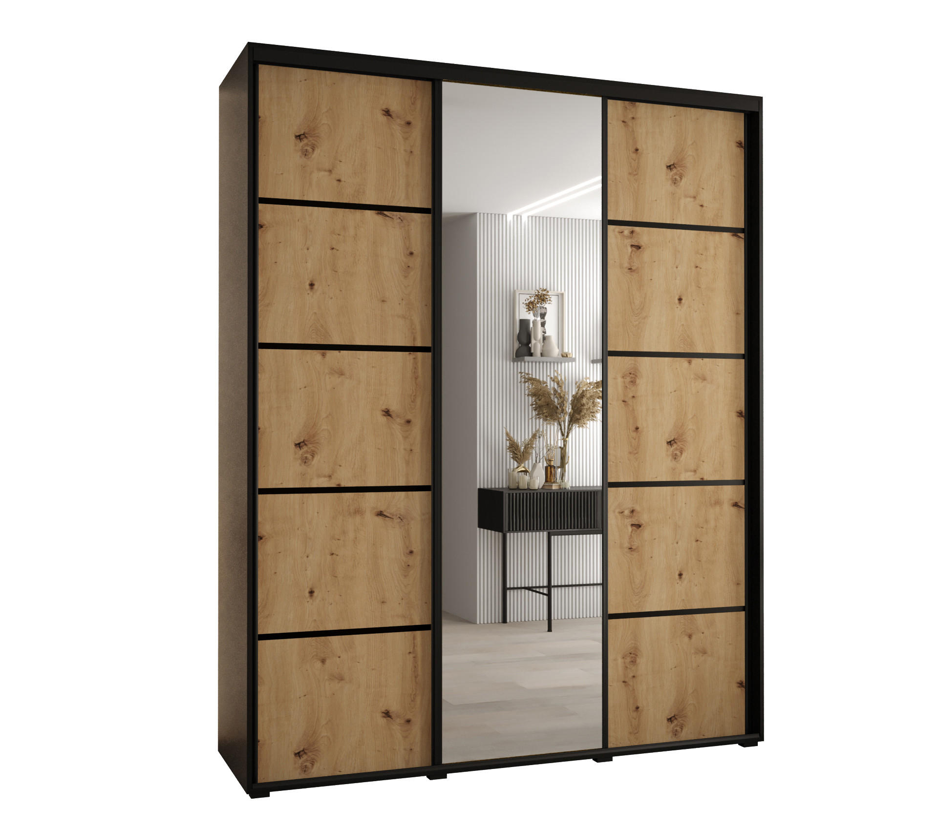 Abiks Möbel Schwebetürenschrank Schwarz, Eiche Artisan, Schwarz 180x235x60 cm