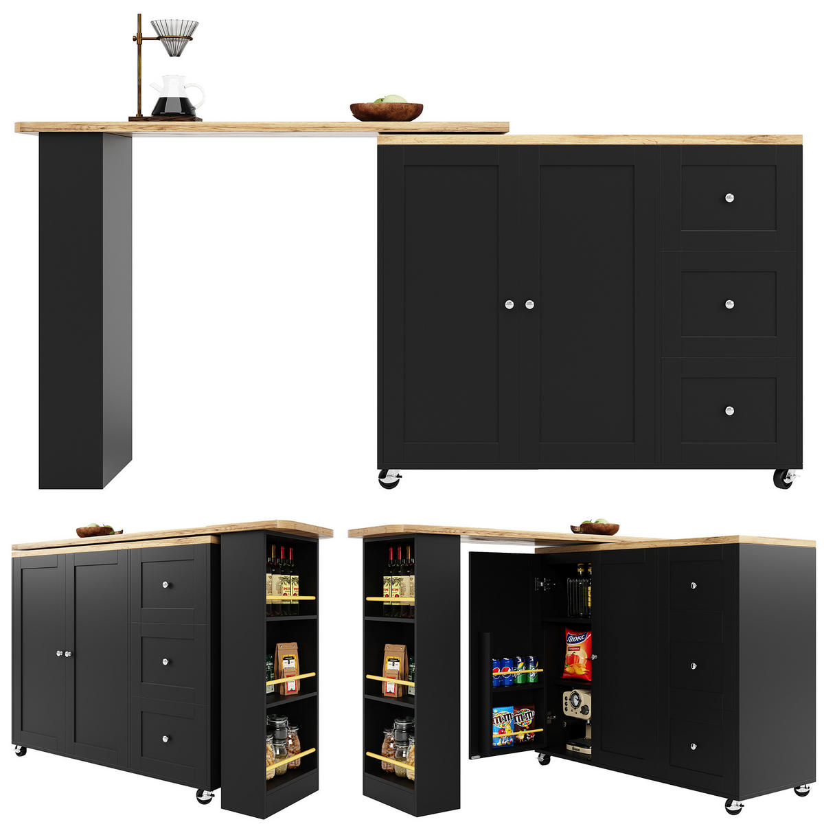 KÜCHENINSEL 135-203/39/106 cm drehbar auf Rollen mit 3 Schubladen und Snackregal, Schwarz - Schwarz, Holzwerkstoff (203/106/39cm) - Redom