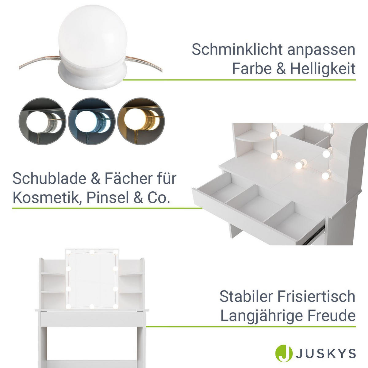 SCHMINKTISCH Bella mit mit LED und Hocker Melly - Weiß, Holz (40/140/108cm) - Juskys