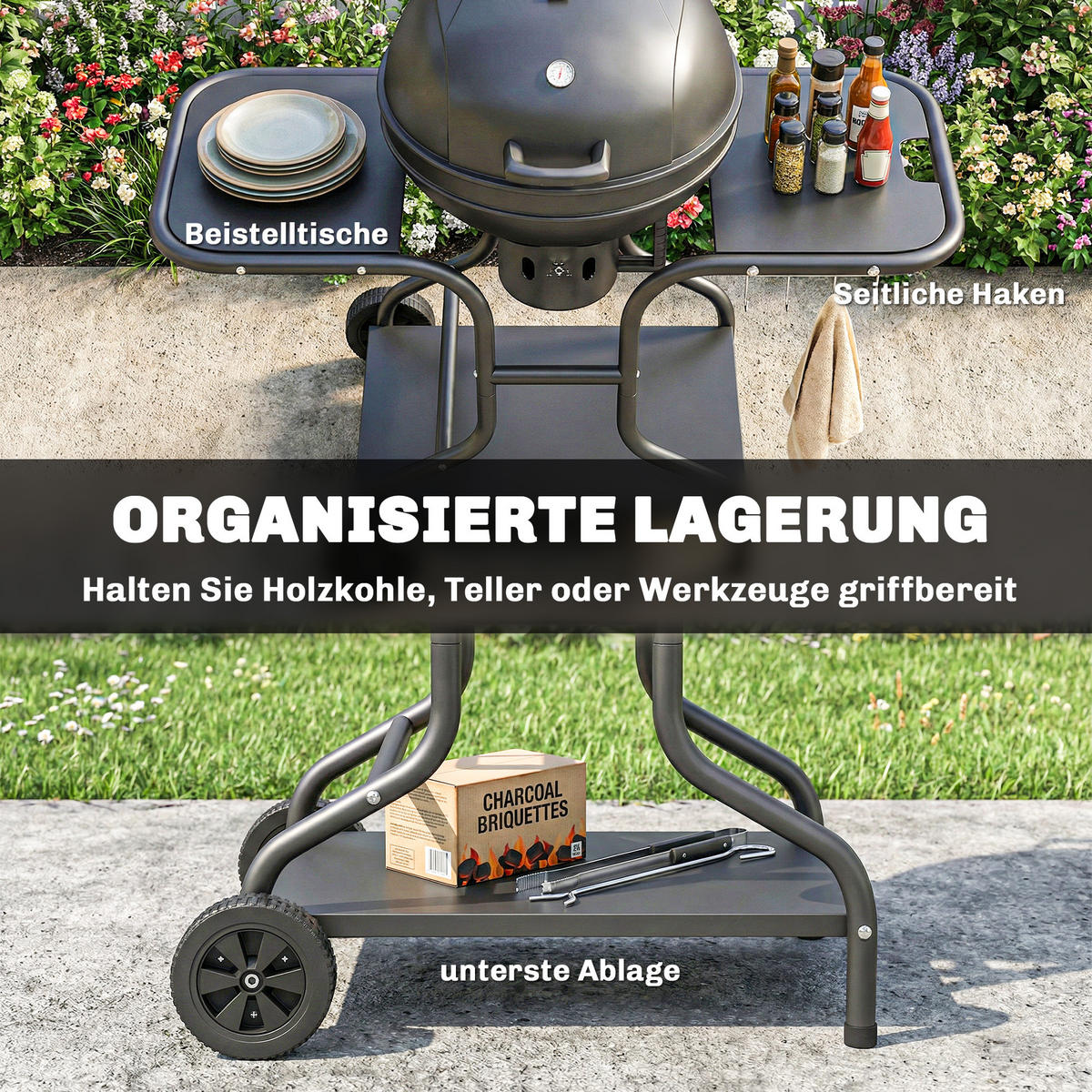HOLZKOHLEGRILL mit Seitentischen Metall Schwarz - Schwarz, Metall (63.5/106.5/129cm) - Outsunny