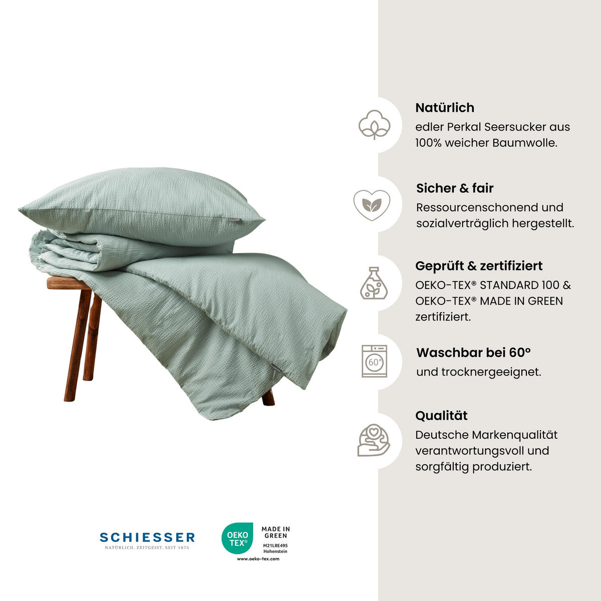 BETTWÄSCHESET Laura - Baumwoll Seersucker - 2-teilig - 135 x 200 cm - Hellpetrol - Hellblau, Textil (135/200cm) - SCHIESSER