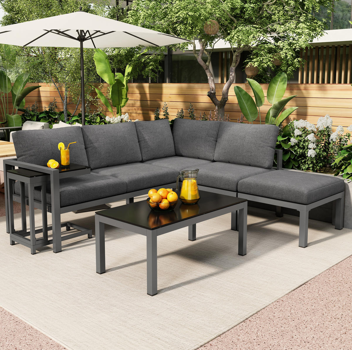 GARTENLOUNGE-SET 115/60/62 cm mit 2 Zweisitzern, Sessel, Tisch und Beistelltisch aus verzinktem Eisen, Grau - Grau, Metall - Redom