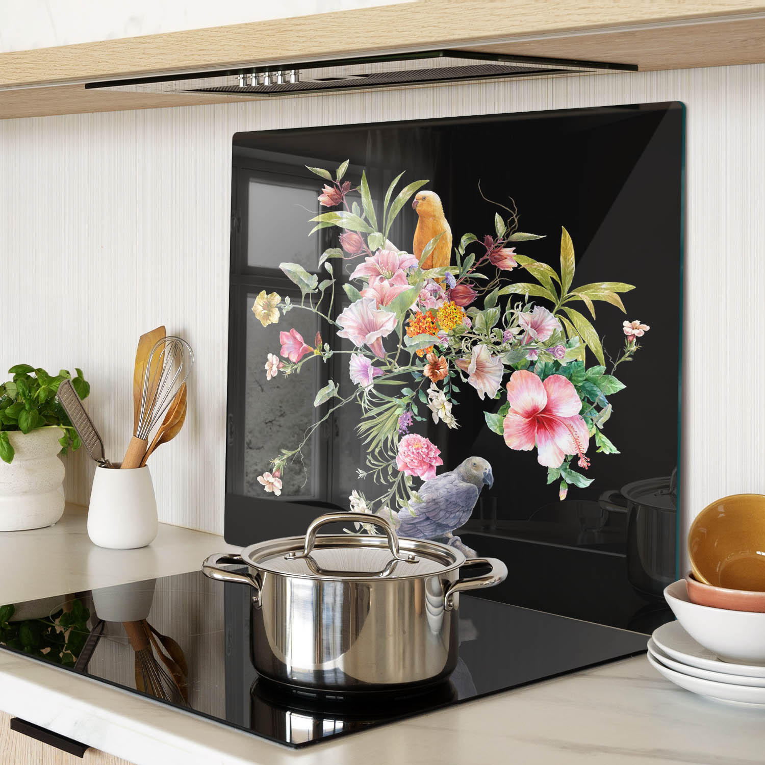 GLASPLATTE 60x52 cm Blumen und Vögel - Multicolor, Glas (60/0.4/52cm) - TULUP