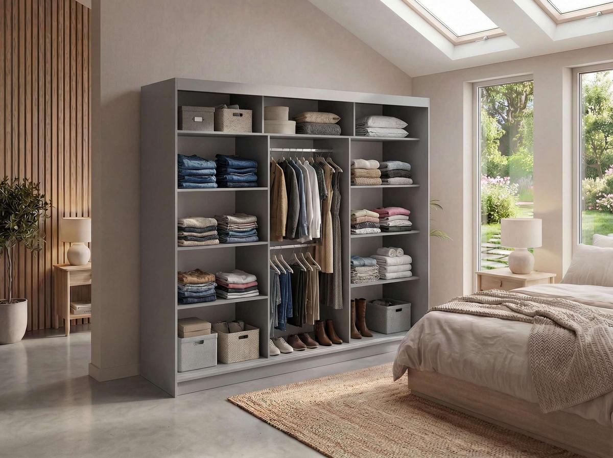 SCHWEBETÜRENSCHRANK mit Spiegel - WALENCJA - 240 - Grau lacobel - Alufarben/Grau, Holzwerkstoff/Metall (240/216/61cm) - MKS