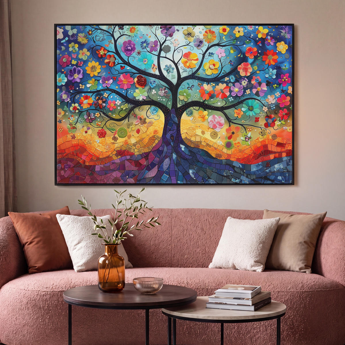 LEINWAND Bilder mit Rahmen - Kunst - Baum des Lebens - Blumen - Hippie - 120x80 - Dunkelblau, Textil (120/80cm) - MuchoWow