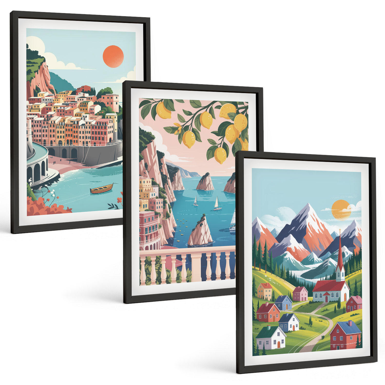 BILDER SET 3er Set - 40x60 cm Schwarzer Rahmen - Farbenfrohe Berge und Städte - Schwarz, Kunststoff (40/60cm) - TULUP