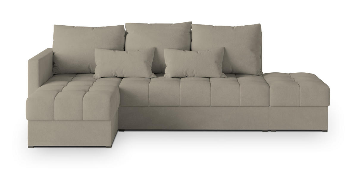 ECKSOFA LUMARI L-S Beige Plüsch-Stoff mit Schlaffunktion - Beige, Holz (262/143cm) - MASSENO