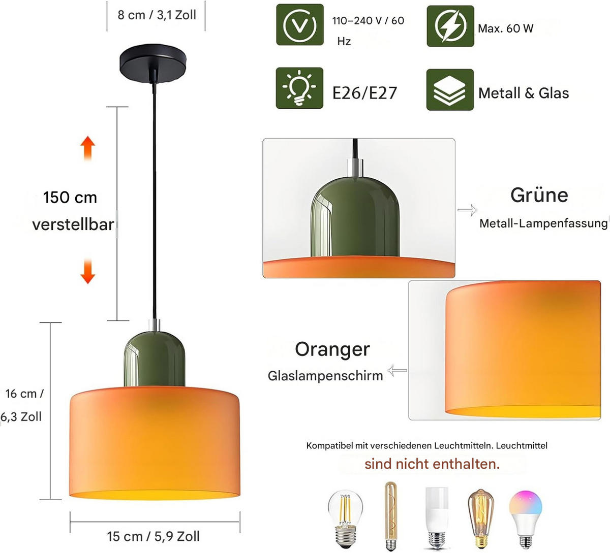 PENDELLEUCHTE Glas Nordisch Modern 15cm Orange, E27 bis 150cm höhenverstellbar - Orange, Metall (15/16/15cm) - Authentics