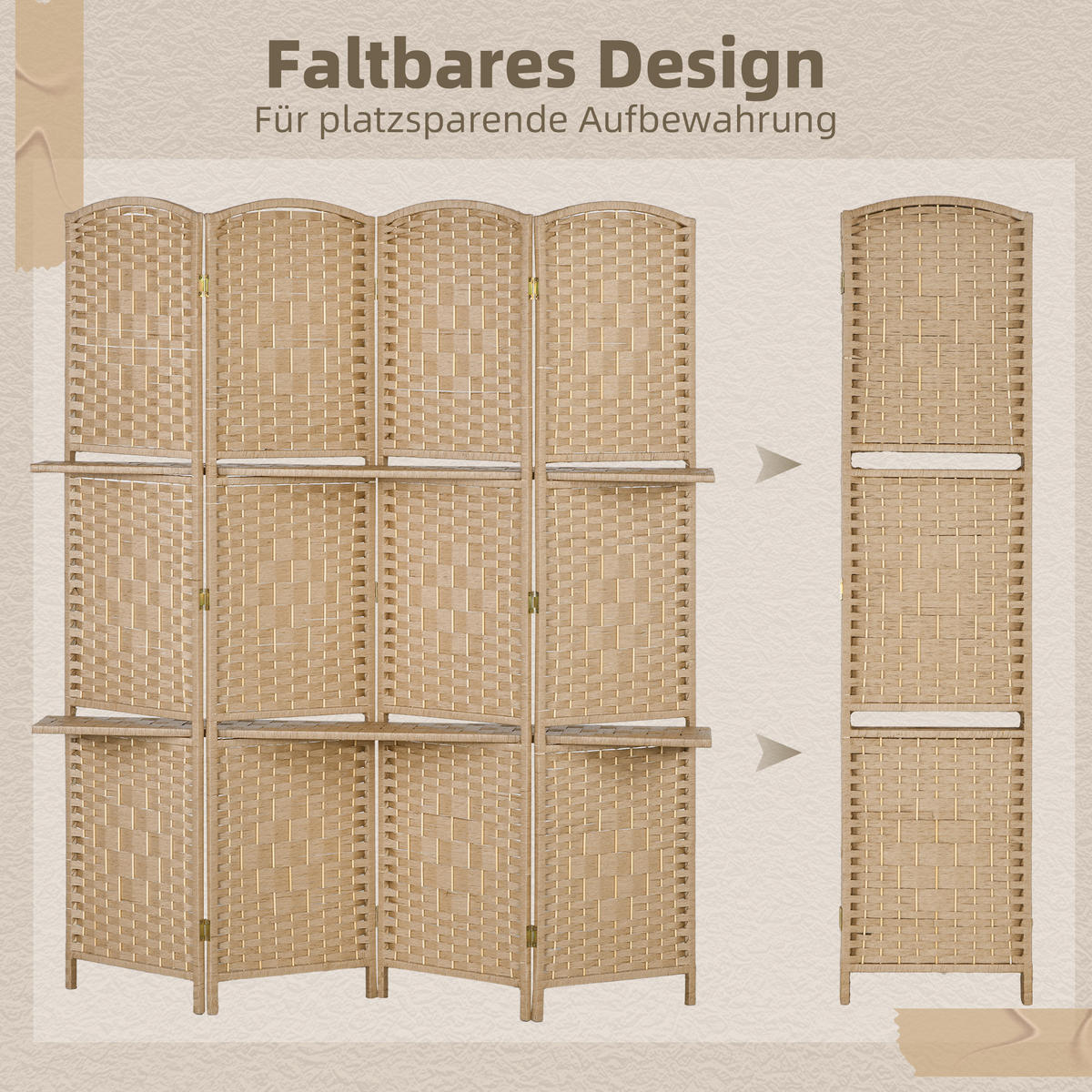 PARAVENT aus Papierfaser in Naturholz-Optik - Naturfarben, Holz/Papier (1.6/170cm) - HOMCOM