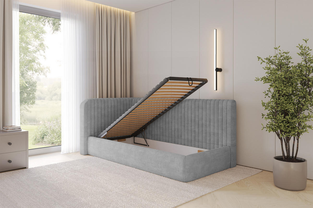 EINZELLBETT Jugendbett mit Bettkasten und Matratze H3/H4, Rechts - AURY 80x200 Grau - Silberfarben, Holzwerkstoff/Textil (80/200cm) - ALTDECOR