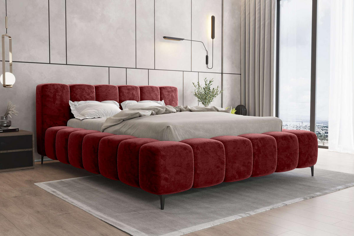 POLSTERBETT COZY Chenille Weinrot 140/200 cm - Weinrot/Schwarz, Textil/Metall (140/200cm) - 99rooms