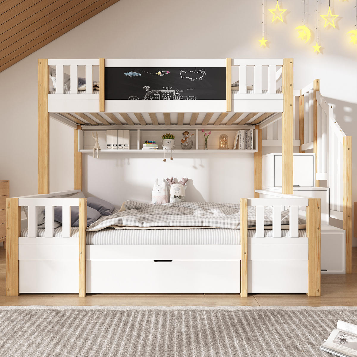 ETAGENBETT 90/200 cm & 140/200 cm in Weiß & Natur mit Schubladen, Regal und Leiterschrank - Weiß/Naturfarben, Holz/Holzwerkstoff (90/200cm) - WISHDOR