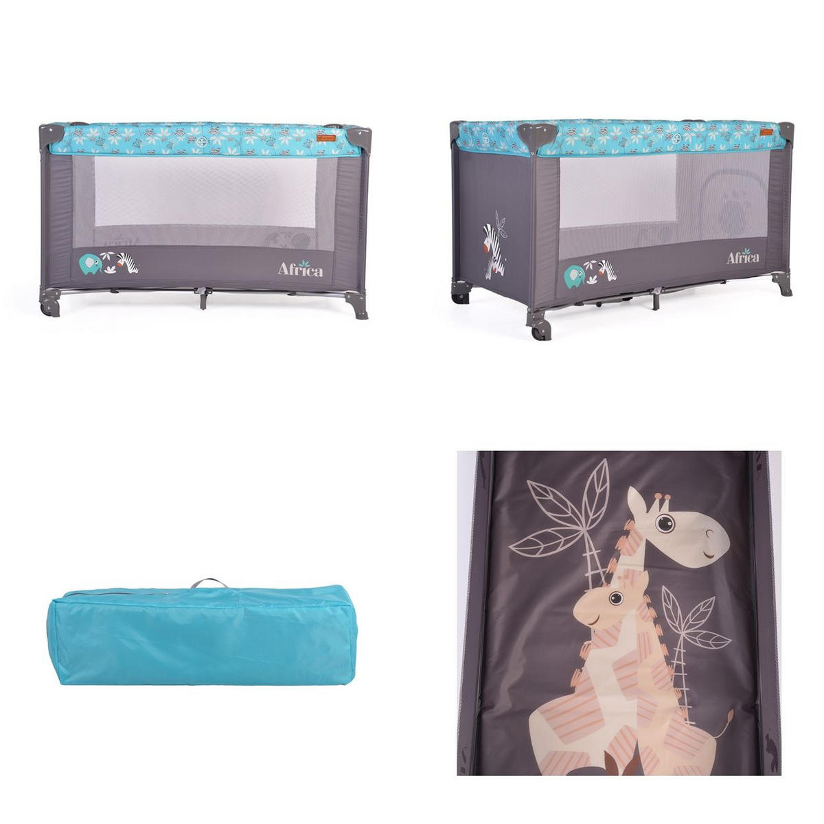 REISEBETT Africa türkis Laufstall Seiteneingang Matratze Sichtfenster Tasche - Türkis, Kunststoff (60/120cm) - Cangaroo