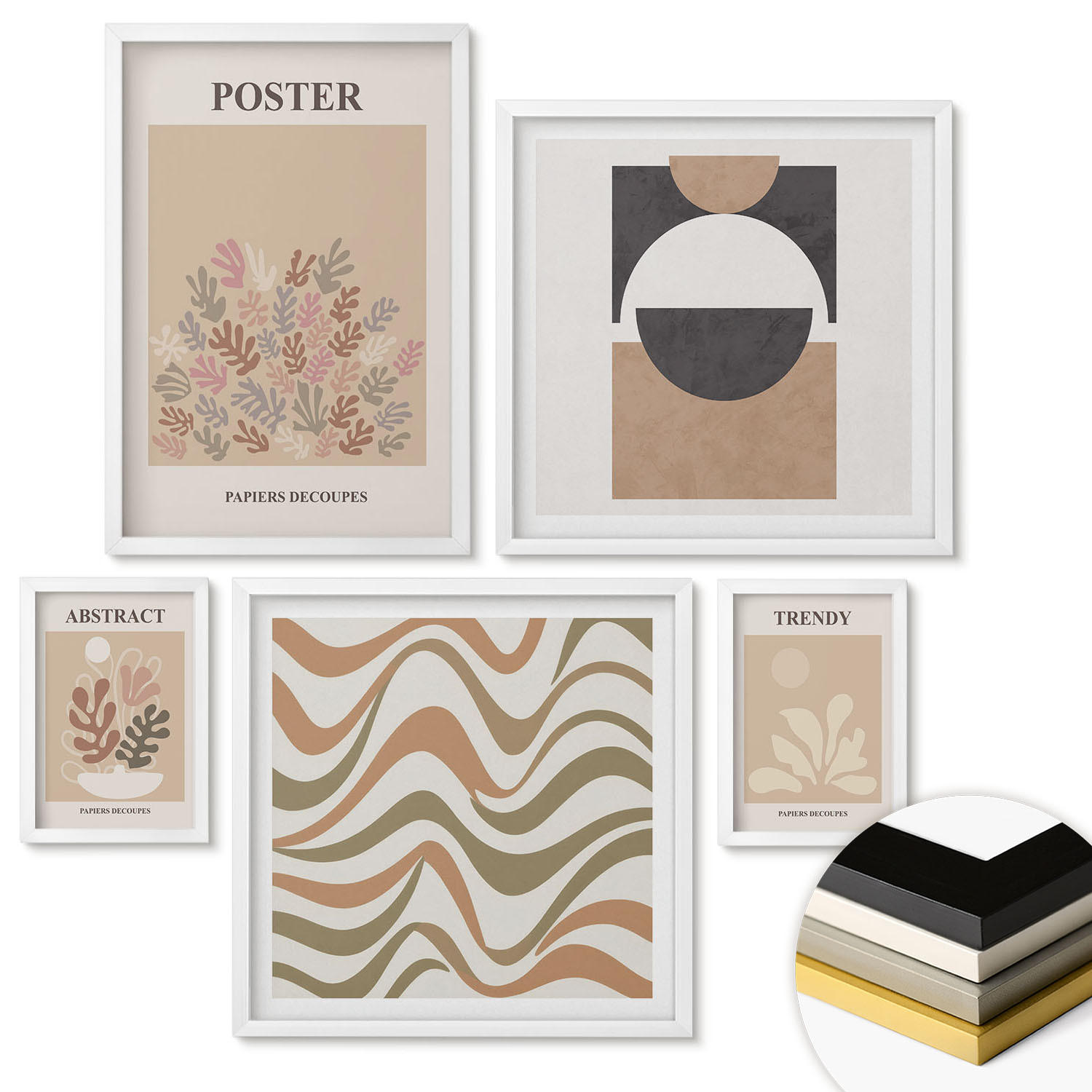 WANDBILDER 5er-Set - 50x50 cm & 20x30 cm & 40x60 cm Weißer Rahmen - Abstrakte Formenmuster - Weiß, Kunststoff (40/60cm) - ArtPrintCave