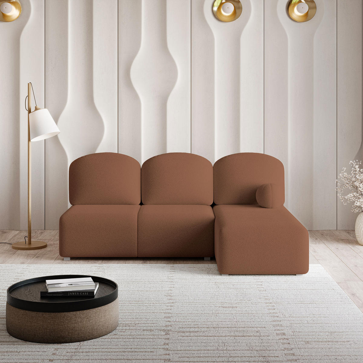 ECKSOFA TRAMA Kupferfarben Boucle-Stoff mit Schlaffunktion - Kupferfarben, Holz (200/143cm) - MASSENO