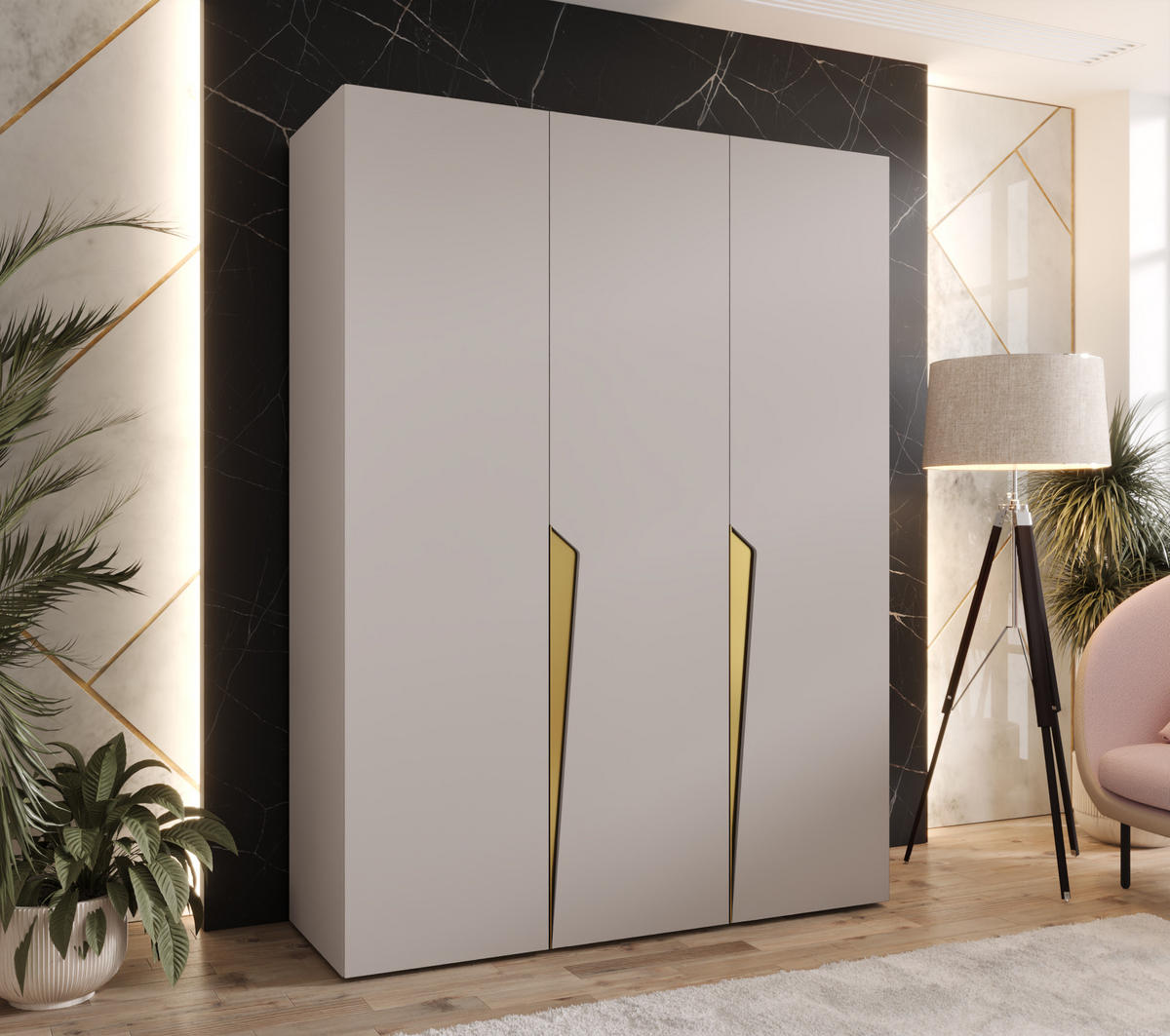 DREHTÜRENSCHRANK 202/150/52 3-türig - Beige/Goldfarben, Holz/Metall (150/202/52cm) - Abiks Möbel