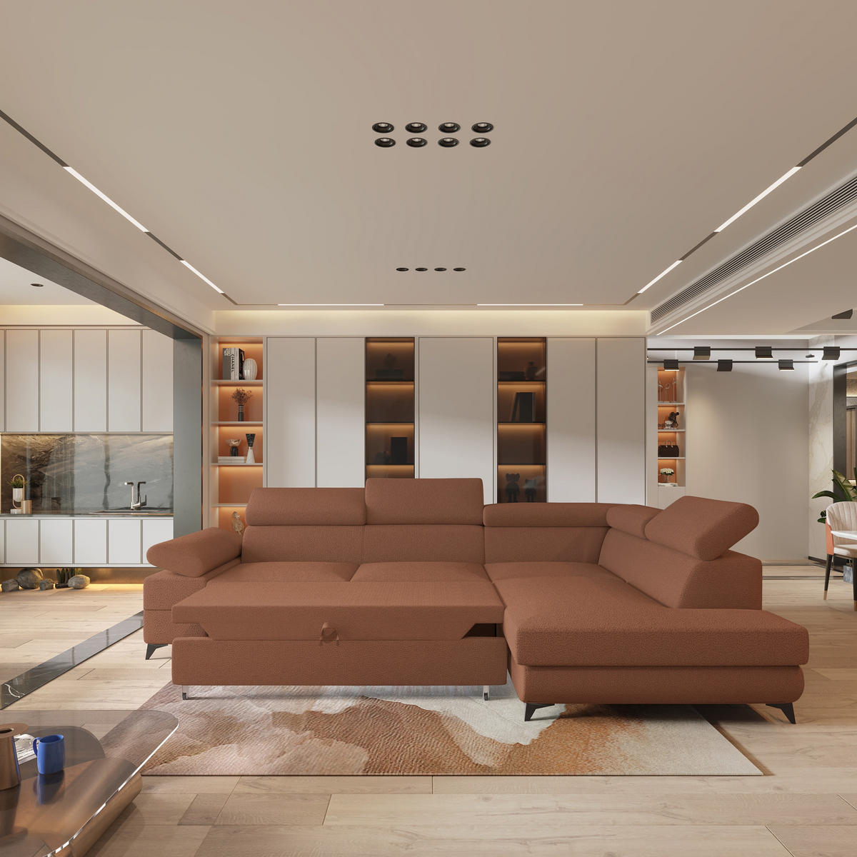 ECKSOFA FAVIEN R-S Kupferfarben Boucle-Stoff mit Schlaffunktion - Kupferfarben, Holz (257/190cm) - MASSENO