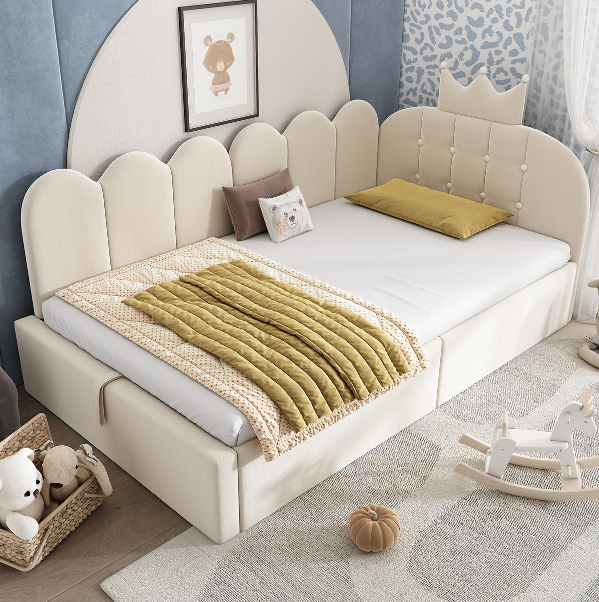 POLSTERBETT aus Samt 90x200 cm Beige mit hydraulischem Bettkasten und Kronen-Gitter-Design - Beige, Textil (90/200cm) - Modfu