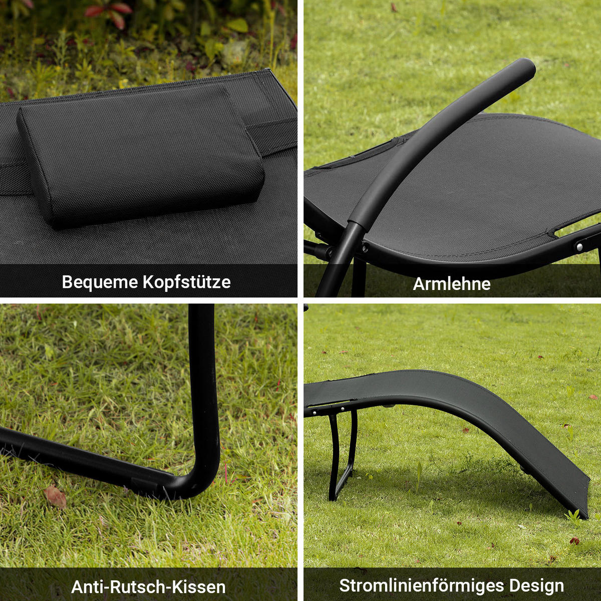 SONNENLIEGE Schwarz - Schwarz, Metall (60/69/173cm) - SoBuy
