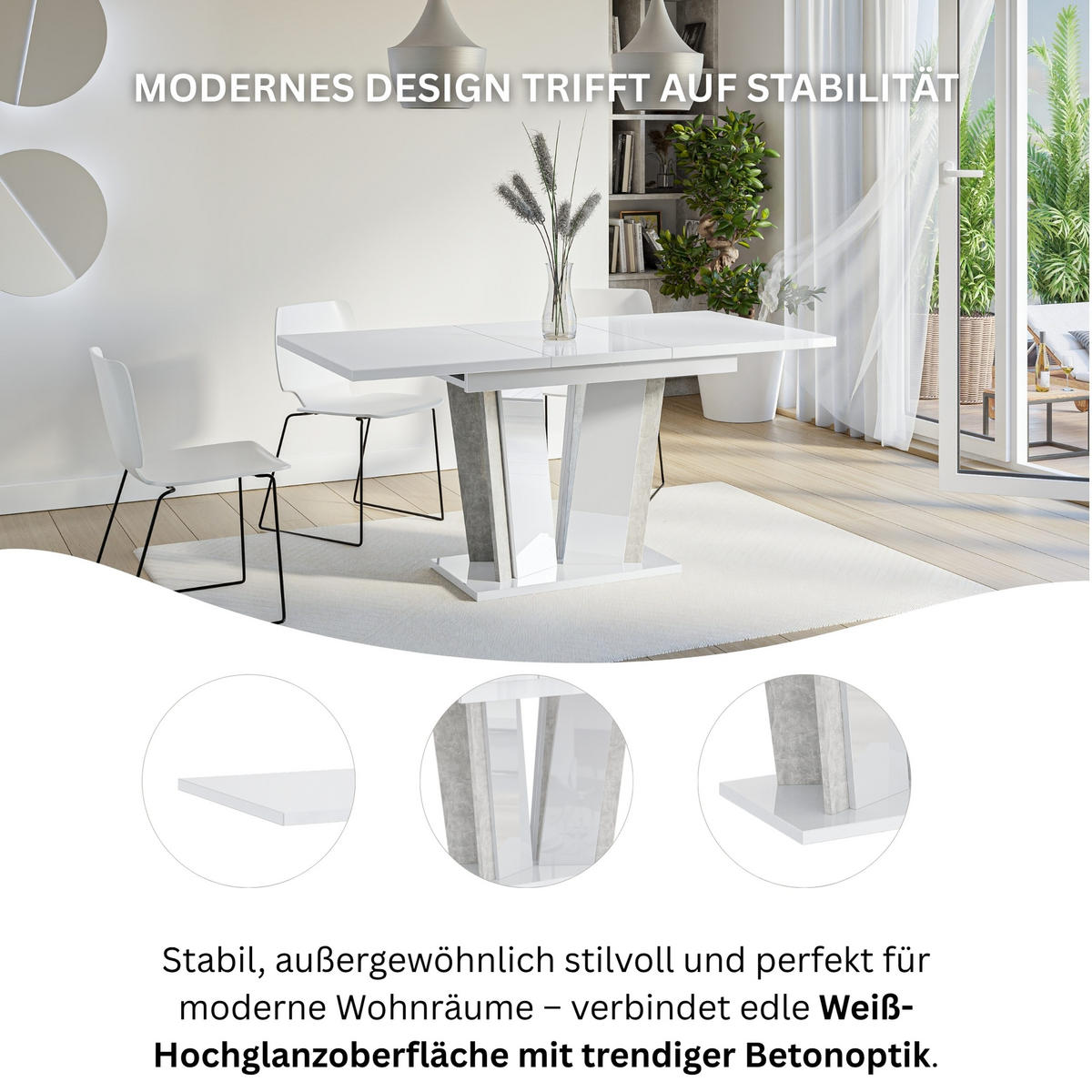 ESSTISCH Ausziehbar 120 - 160 cm Weiß Hochglanz und Grau Betonoptik - Weiß Hochglanz/Grau, Holzwerkstoff (120/80/75cm) - PROSPERO