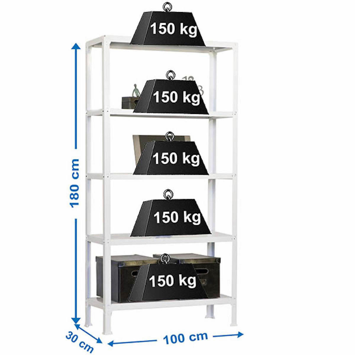 WOHNREGAL LIVING KOALA METAL mit 5 Fachböden | HxBxT 180x100x30cm | Fachlast 150kg | Weiß/Weiß - Weiß, Metall (100/180/30cm) - PROREGAL