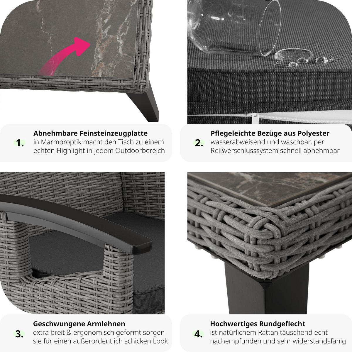 GARTENTISCH Tarent mit 4 Stühlen Rosarno, Armlehnen und Füße aus Holz, grau - Grau, Kunststoff - tectake
