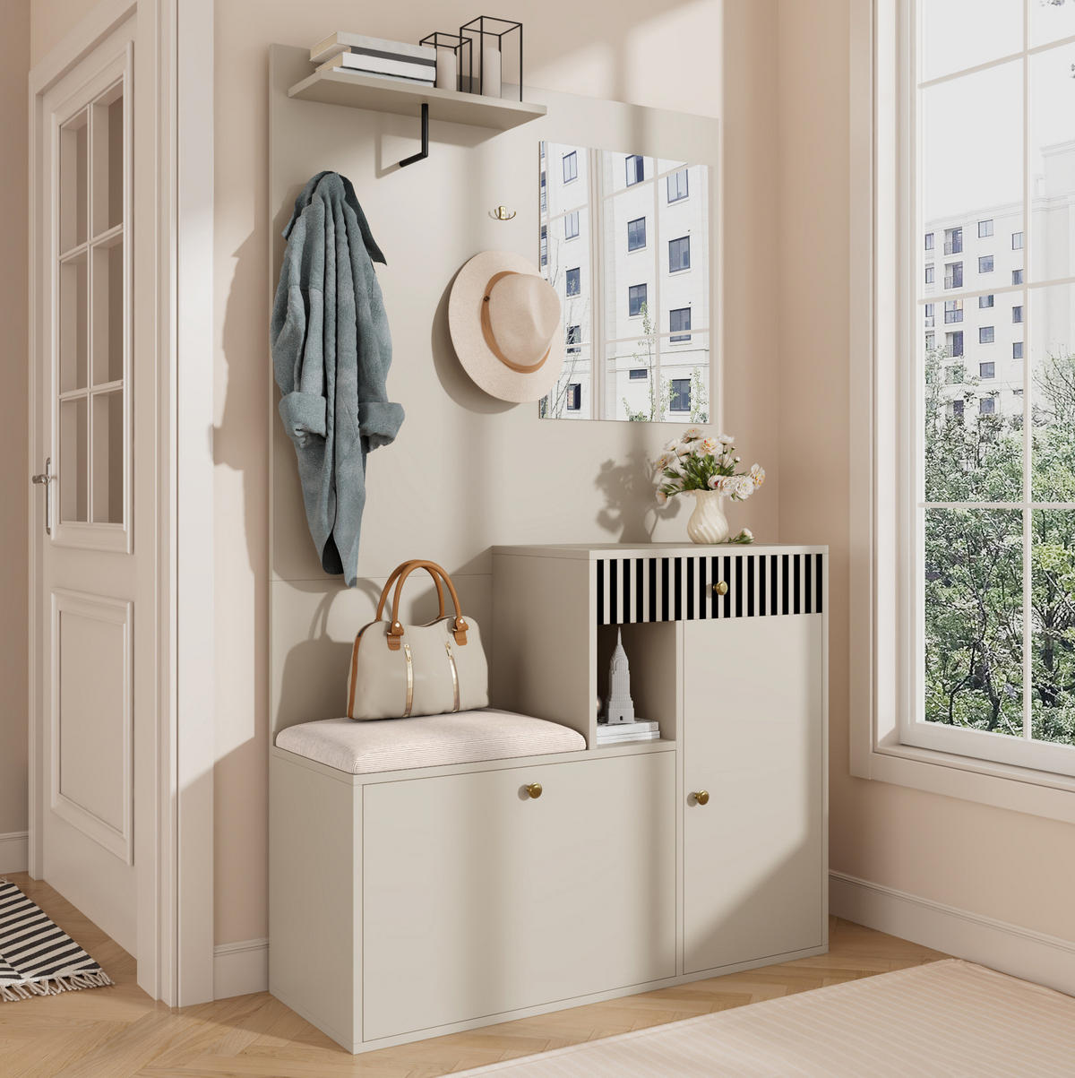 GARDEROBENSET 110/37/185,5 cm mit Spiegel, gepolsterter Sitzfläche, Soft-Close und verstellbaren Regalen, Beige/Creme - Beige, Holzwerkstoff (110/185.5/37cm) - Redom