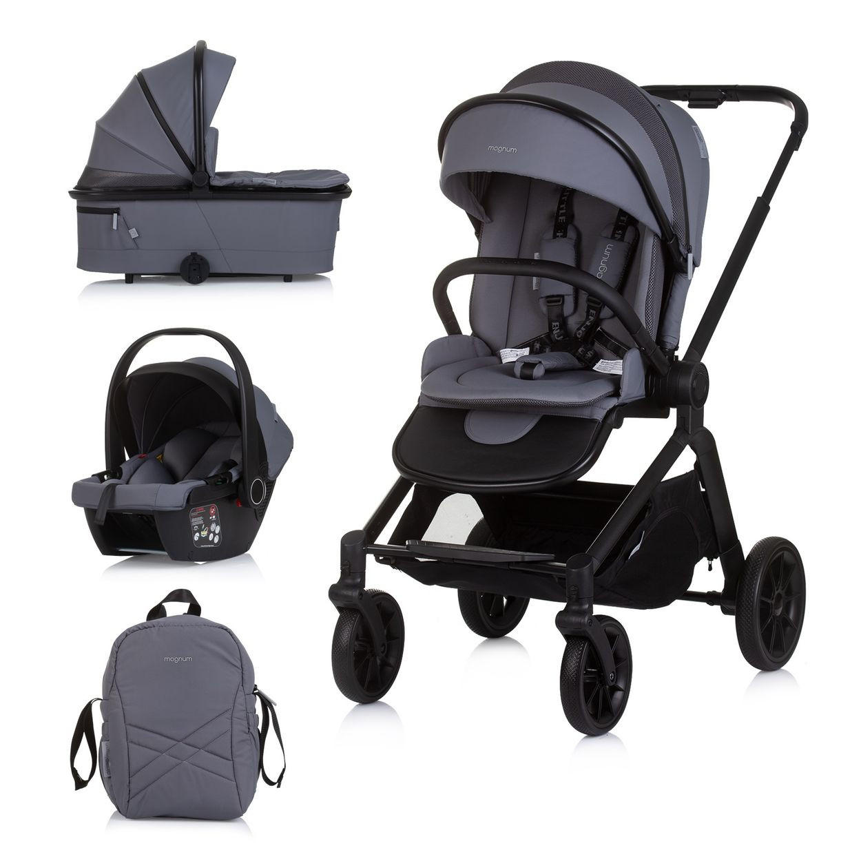 KOMBIKINDERWAGEN Magnum 3 in 1 grau Aluminium, i-Size, 5-Punkt-Gurt, 3-Punkt-Gurt, Babywanne, Babyschale - Grau, Metall (96/59/104cm) - Chipolino