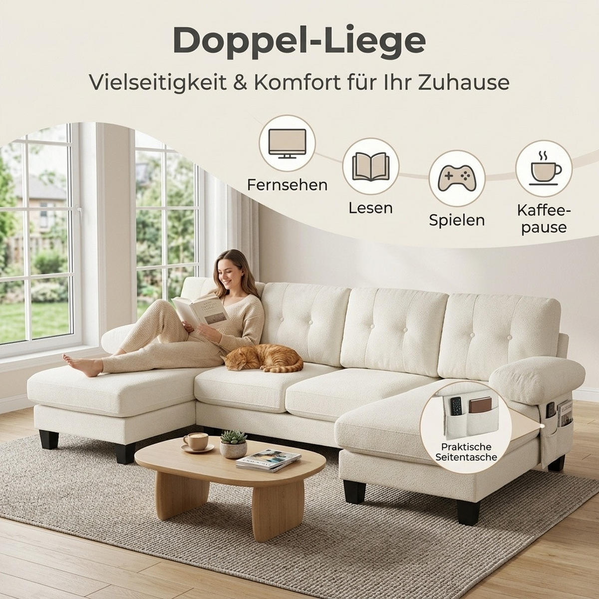 WOHNLANDSCHAFT 268/128/84 cm Beige Chenille - Beige, Textil (242/84/128cm) - Oxeza
