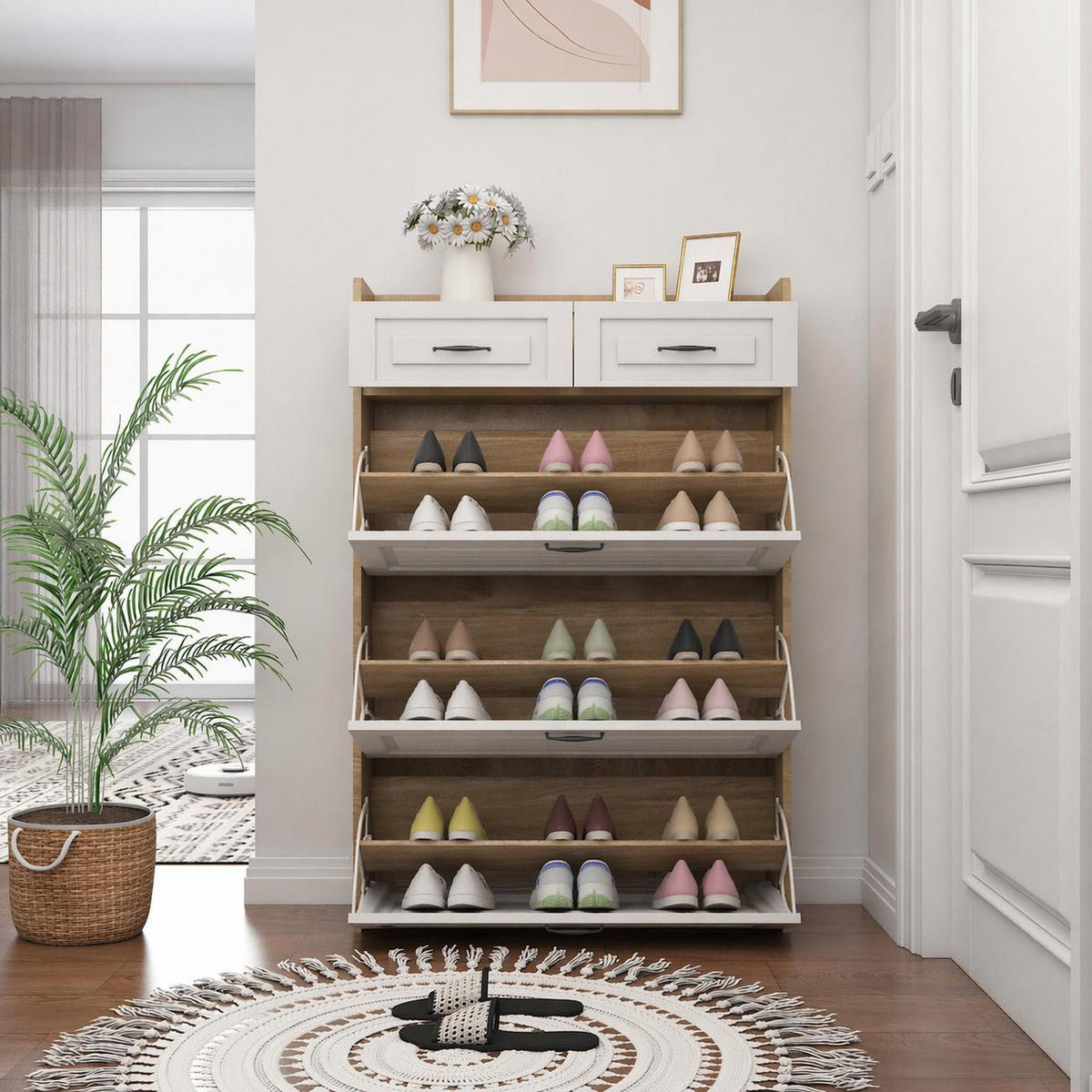 SCHUHKIPPER DE-37906 mit 3 Klappen und 2 Schubladen Holzfarbe - Naturfarben, Holzwerkstoff (80/131/23.5cm) - ComfortXL