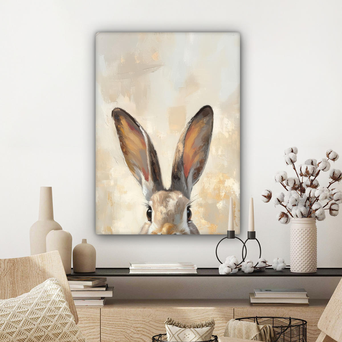 LEINWANDBILD Hase - Ohren - Braun Wandbild Wohnzimmer 60x80 cm - Beige, Textil (60/80cm) - MuchoWow