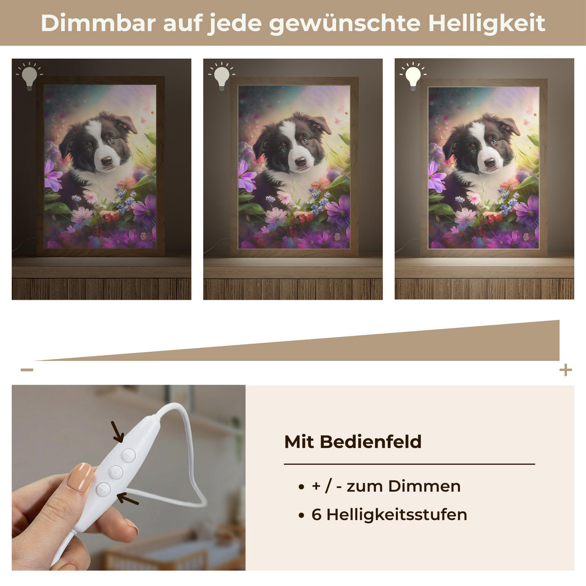 NACHTTISCHLAMPE Welpe - Sonne - Blumen - Natur - Border Collie - Hund 20x30 cm - Violett, Holzwerkstoff (8/20/30cm)