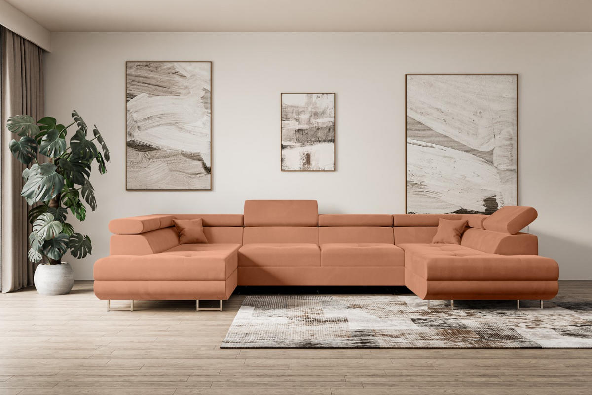 WOHNLANDSCHAFT mit Schlaffunktion und Bettkasten GUSA-U 342x202x107 cm Koralle Velours - Koralle/Silberfarben, Holzwerkstoff/Textil (342/107/202cm) - ALTDECOR