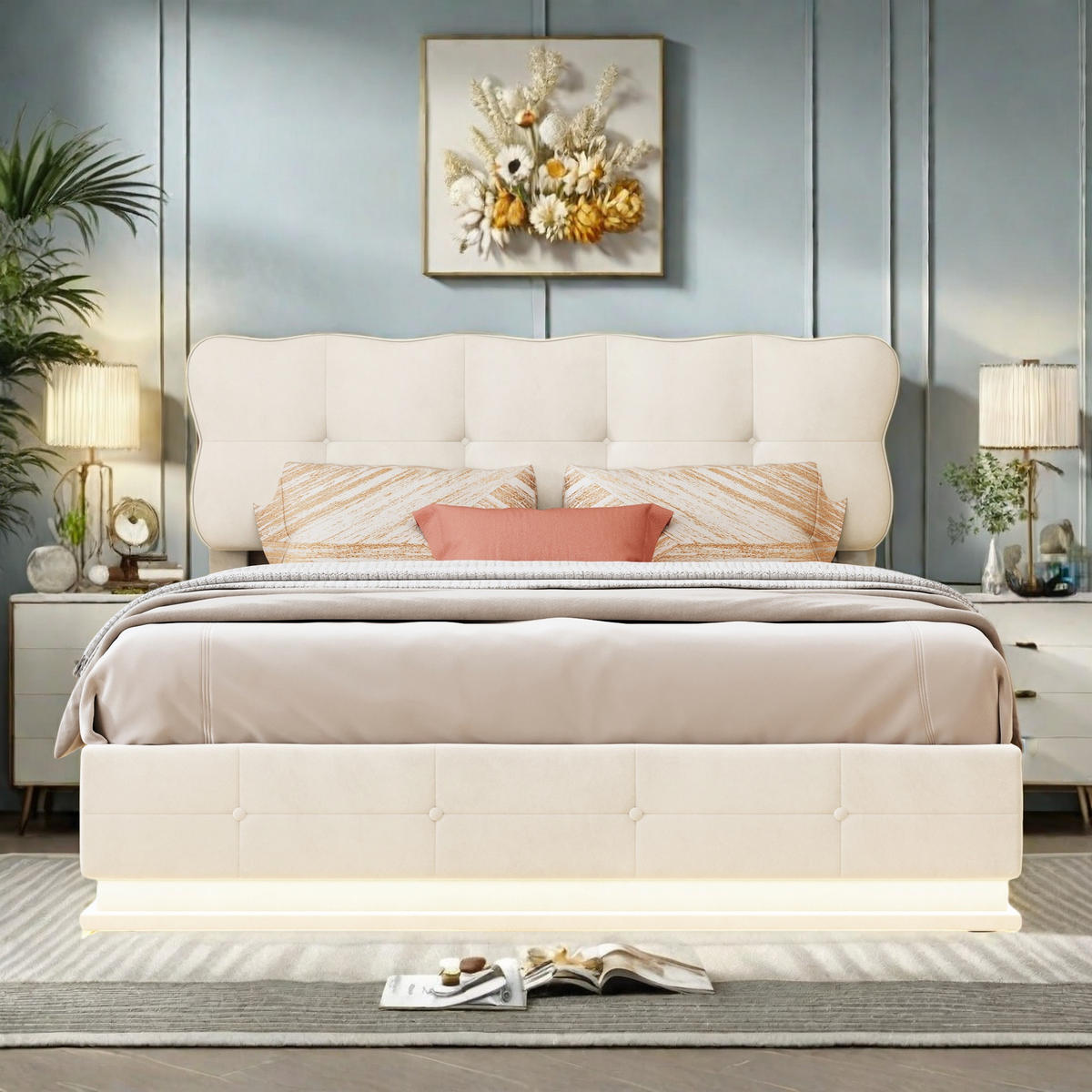 POLSTERBETT 140x200 Beige Samt Mehrfarben-LED - Beige, Metall (140/200cm) - SHOPENTRA