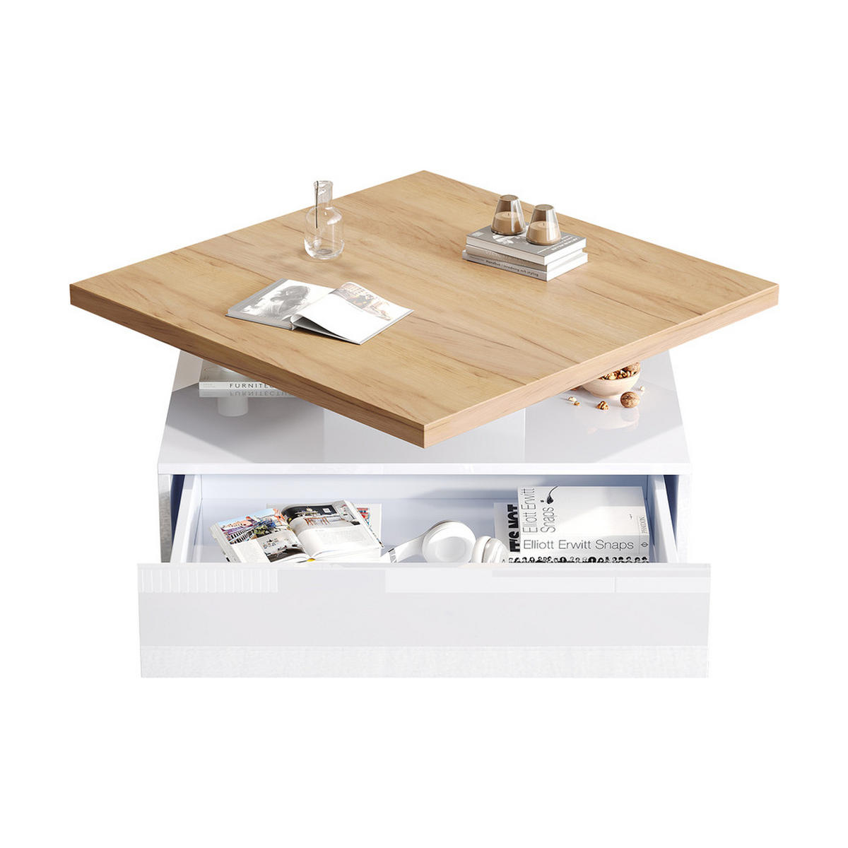 COUCHTISCH, 360° drehbar, 2-stufig, Hochglanz weiß, mit Ablagefächern, Gestell Kastanie - Weiß, Holz (70/70/36cm) - FLIEKS