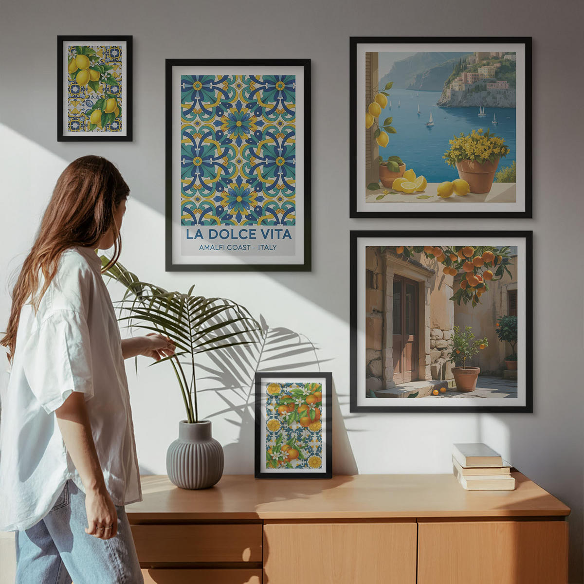 BILDER SET 5er Set - 50x50 cm & 20x30 cm & 40x60 cm Schwarzer Rahmen - Farbenfrohe abstrakte Zitrusfrüchte - Schwarz, Kunststoff (40/60cm) - TULUP